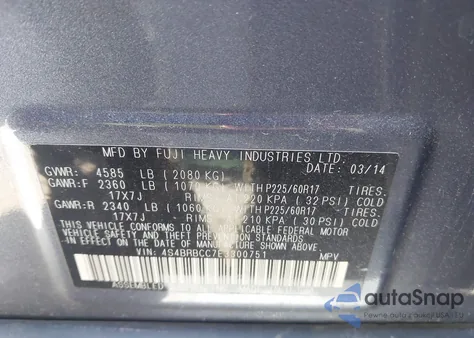 2014 Subaru Outback 2.5I Premium z USA, uszkodzony, nr VIN 4S4BRBCC7E3300751